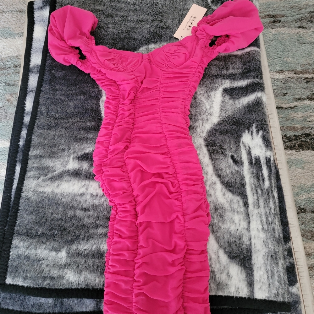 Oh Polly Pink Ruched Bodycon Midi Dress